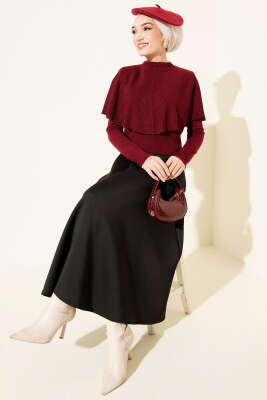 Pelerinli Fitilli Triko Kazak Bordo - Thumbnail