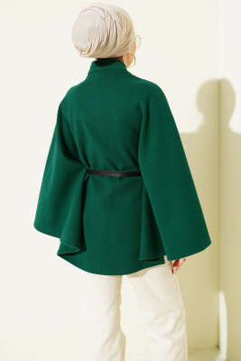 Tek Düğmeli Kemerli Kaşe Panço Zümrüt - Thumbnail