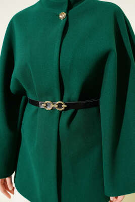 Tek Düğmeli Kemerli Kaşe Panço Zümrüt - Thumbnail