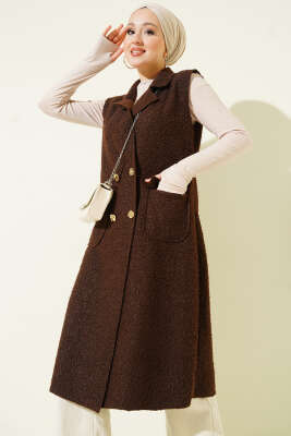 Pazarium - Düğmeli Uzun Buklet Yelek Kahve