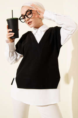 Pazarium - Gömlek Garnili Düğmeli Tunik Siyah