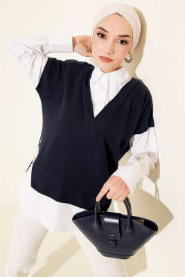 Pazarium - Gömlek Garnili Düğmeli Tunik Lacivert