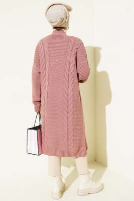 Yatay Çizgi Kabartmalı Triko Hırka Gül Kurusu - Thumbnail