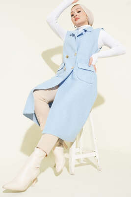 Pazarium - Düğmeli Uzun Buklet Yelek Bebe Mavi