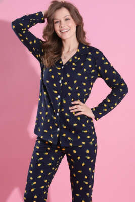Pazarium - Desenli Düğmeli Süet Pijama Takımı Lacivert