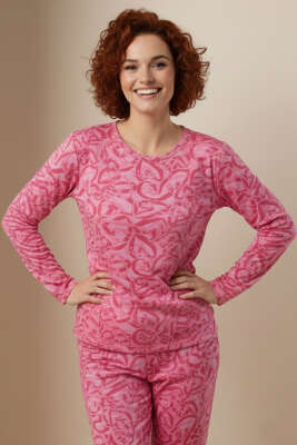 Pazarium - Bisiklet Yaka Uzun Kol Desenli Pijama Takımı Pembe