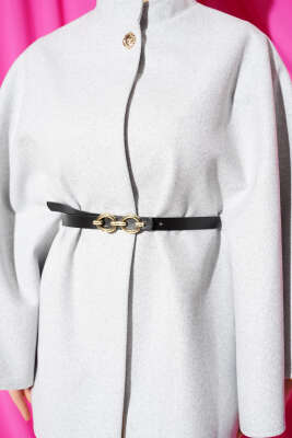 Tek Düğmeli Kemerli Kaşe Panço Melanj Gri - Thumbnail