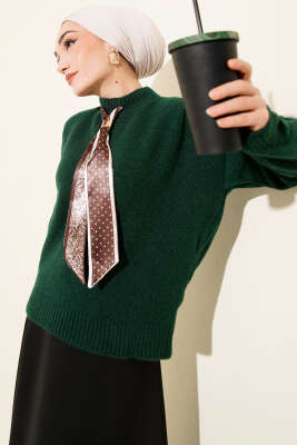 Pazarium - Uzun Fularlı Triko Kazak Zümrüt