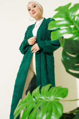 Kiraz Kabartmalı Uzun Triko Hırka Zümrüt - Thumbnail