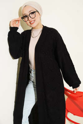 Kiraz Kabartmalı Uzun Triko Hırka Siyah - Thumbnail