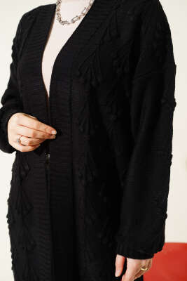 Kiraz Kabartmalı Uzun Triko Hırka Siyah - Thumbnail