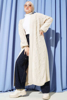 Kiraz Kabartmalı Uzun Triko Hırka Taş - Thumbnail