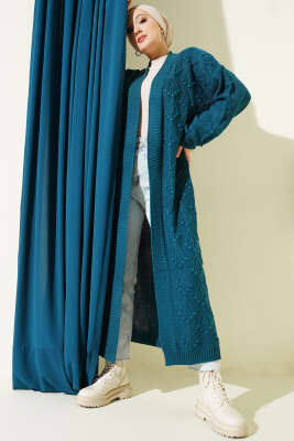 Kiraz Kabartmalı Uzun Triko Hırka Petrol - Thumbnail