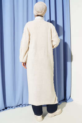 Kiraz Kabartmalı Uzun Triko Hırka Taş - Thumbnail