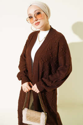 Kiraz Kabartmalı Uzun Triko Hırka Kahve - Thumbnail