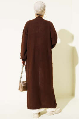 Kiraz Kabartmalı Uzun Triko Hırka Kahve - Thumbnail