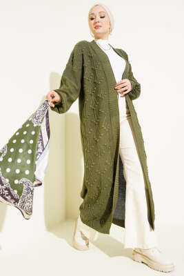 Pazarium - Kiraz Kabartmalı Uzun Triko Hırka Haki