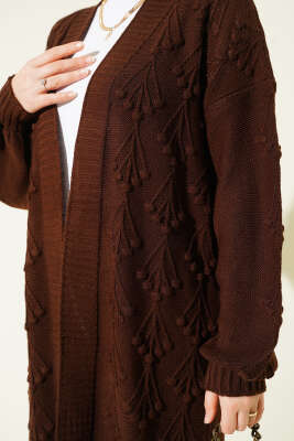 Kiraz Kabartmalı Uzun Triko Hırka Kahve - Thumbnail