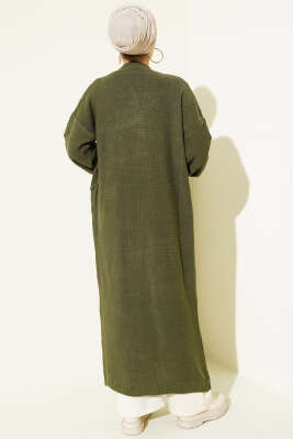 Kiraz Kabartmalı Uzun Triko Hırka Haki - Thumbnail