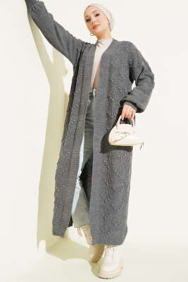 Kiraz Kabartmalı Uzun Triko Hırka Füme - Thumbnail