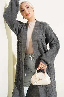 Kiraz Kabartmalı Uzun Triko Hırka Füme - Thumbnail