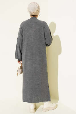 Kiraz Kabartmalı Uzun Triko Hırka Füme - Thumbnail