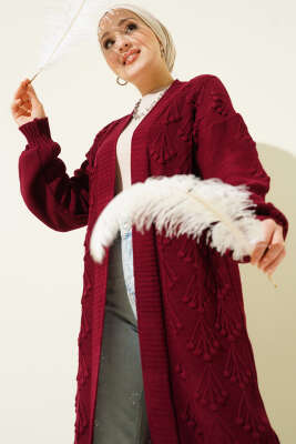 Pazarium - Kiraz Kabartmalı Uzun Triko Hırka Bordo