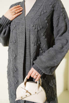 Kiraz Kabartmalı Uzun Triko Hırka Füme - Thumbnail