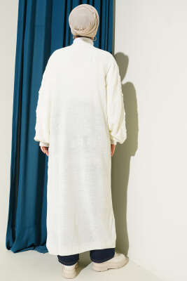 Kiraz Kabartmalı Uzun Triko Hırka Ekru - Thumbnail