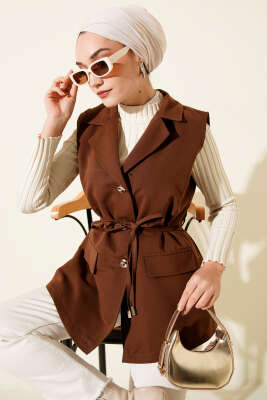 Pazarium - Sahte Cepli İp Kuşaklı Yelek Kahve