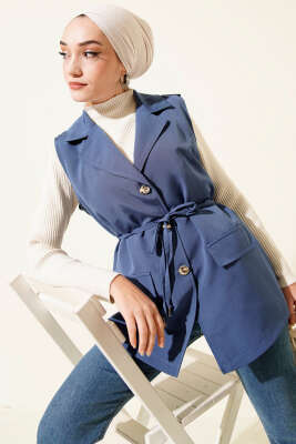 Pazarium - Sahte Cepli İp Kuşaklı Yelek İndigo