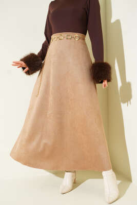 Pazarium - Bel Lastikli Süet Kloş Etek Camel