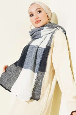 Pazarium - Desenli Omuz Şalı Lacivert