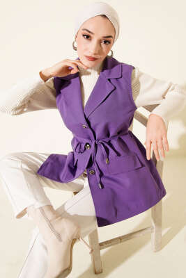 Pazarium - Sahte Cepli İp Kuşaklı Yelek Lila