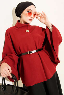 Pazarium - Dik Yaka Gold Düğmeli Kaşe Panço Bordo