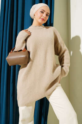 Pazarium - Bisiklet Yaka Sakal Detaylı Kazak Latte