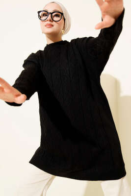 Pazarium - Baklava Kabartma Salaş Triko Tunik Siyah