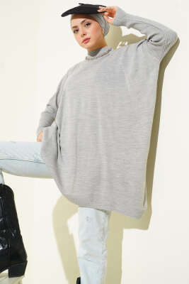 Pazarium - Düşük Kol Detaylı Triko Tunik Gri