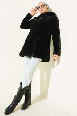 Pazarium - Kürk Yakalı Fermuarlı Kapitone Mont Siyah