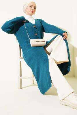 Düğmeli Cepli Uzun Triko Hırka Petrol - Thumbnail