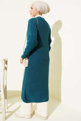 Düğmeli Cepli Uzun Triko Hırka Petrol - Thumbnail