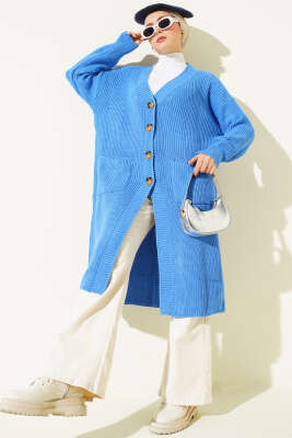 Düğmeli Cepli Uzun Triko Hırka Mavi - Thumbnail