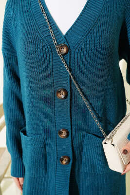 Düğmeli Cepli Uzun Triko Hırka Petrol - Thumbnail