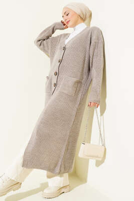 Düğmeli Cepli Uzun Triko Hırka Bronz - Thumbnail
