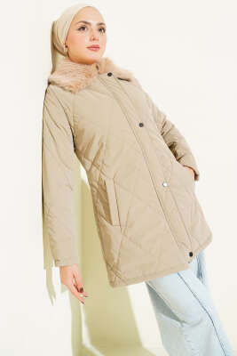 Pazarium - Kürk Yakalı Fermuarlı Kapitone Mont Vizon