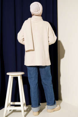 Atkılı Düğmeli Cepli Triko Hırka Taş - Thumbnail