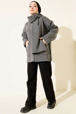 Atkılı Düğmeli Cepli Triko Hırka Füme - Thumbnail