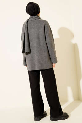 Atkılı Düğmeli Cepli Triko Hırka Füme - Thumbnail