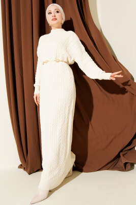 Pazarium - Saç Örgü Kabartmalı Triko Elbise Taş