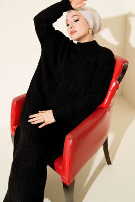 Pazarium - Saç Örgü Kabartmalı Triko Elbise Siyah